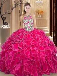 Scoop Sleeveless Organza Sweet 16 Dress Embroidery and Ruffles Backless