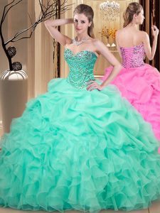 Sleeveless Floor Length Beading and Ruffles and Pick Ups Lace Up 15th Birthday Dress with Apple Green