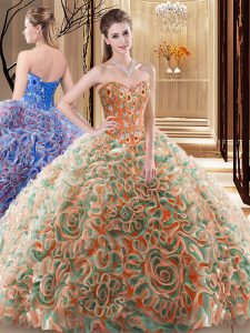 Flirting Sweetheart Sleeveless Sweet 16 Quinceanera Dress With Brush Train Embroidery and Ruffles Multi-color Fabric Wit