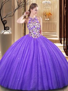 Lavender Tulle Backless Scoop Sleeveless Floor Length Quinceanera Dress Embroidery and Sequins