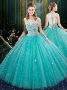 Lovely Aqua Blue Vestidos de Quinceanera Military Ball and Sweet 16 and Quinceanera and For with Lace High-neck Sleevele