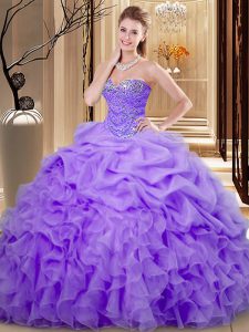 Floor Length Lace Up Sweet 16 Dress Lavender for Military Ball and Sweet 16 and Quinceanera with Beading and Ruffles and
