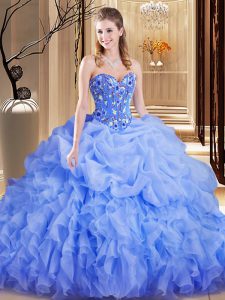 Comfortable Sweetheart Sleeveless Quinceanera Dresses Brush Train Embroidery and Ruffles and Pick Ups Lavender Organza