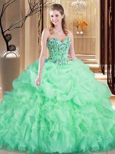 Apple Green Sleeveless Brush Train Embroidery and Ruffles Quinceanera Dress