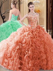 Glittering Sleeveless Floor Length Embroidery and Ruffles Lace Up Sweet 16 Quinceanera Dress with Orange