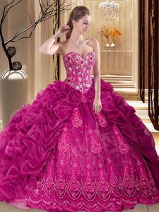 Spectacular Fuchsia Organza Lace Up Sweetheart Sleeveless Vestidos de Quinceanera Court Train Embroidery and Pick Ups