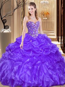 Organza Sweetheart Sleeveless Lace Up Beading and Embroidery Quinceanera Gown in Purple