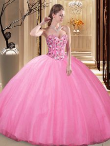 Enchanting Rose Pink Tulle Lace Up Sweetheart Sleeveless Floor Length Ball Gown Prom Dress Embroidery