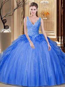 Clearance Sequins Pick Ups Ball Gowns Sweet 16 Dresses Royal Blue V-neck Tulle Sleeveless Floor Length Backless