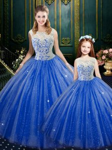Elegant Royal Blue Ball Gowns High-neck Sleeveless Tulle Floor Length Zipper Lace Ball Gown Prom Dress