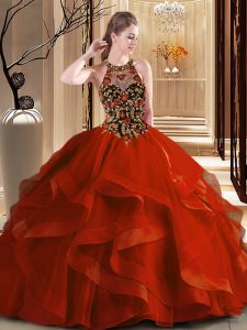 Admirable Scoop Ball Gowns Sleeveless Rust Red Ball Gown Prom Dress Brush Train Backless