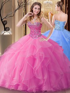 On Sale Rose Pink Quinceanera Dresses Military Ball and Sweet 16 and Quinceanera and For with Beading Sweetheart Sleevel