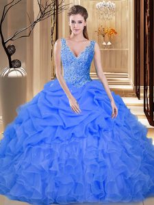 Blue Ball Gowns Lace and Appliques and Ruffles and Pick Ups Quinceanera Gown Backless Organza Sleeveless Floor Length