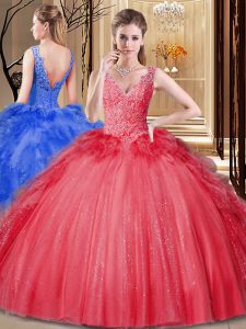 Beautiful Red V-neck Backless Appliques and Sequins and Pick Ups Quinceanera Dress Sleeveless
