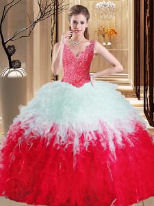 White And Red Tulle Zipper Quinceanera Gown Sleeveless Floor Length Lace and Appliques and Ruffles