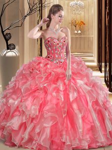 Sleeveless Organza Floor Length Lace Up 15th Birthday Dress in Watermelon Red with Embroidery and Ruffles