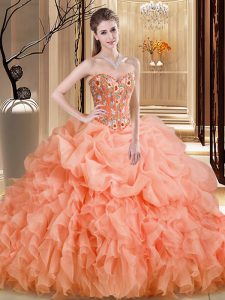 Brush Train Ball Gowns Quinceanera Dress Orange Sweetheart Organza Sleeveless Lace Up