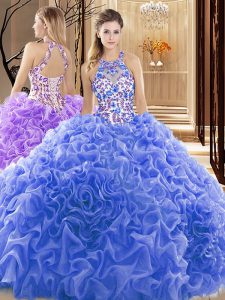 Blue Ball Gowns High-neck Sleeveless Organza Court Train Backless Embroidery and Ruffles Sweet 16 Dress