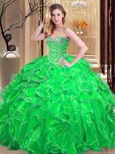 Ball Gowns Beading and Ruffles 15th Birthday Dress Lace Up Organza Sleeveless Floor Length