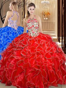 Dramatic Scoop Sleeveless Backless Floor Length Embroidery and Ruffles Quinceanera Gown