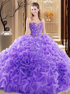 Noble Sleeveless Fabric With Rolling Flowers Court Train Lace Up Vestidos de Quinceanera in Lavender with Embroidery and