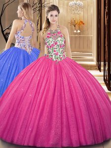 Scoop Hot Pink Tulle Backless Quinceanera Dress Sleeveless Floor Length Embroidery and Sequins