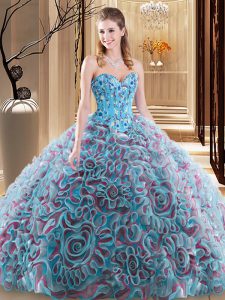 Popular Multi-color Lace Up Sweetheart Embroidery and Ruffles Sweet 16 Quinceanera Dress Fabric With Rolling Flowers Sle