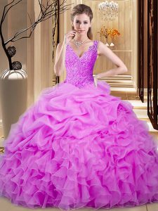 Shining Lilac Sweetheart Neckline Lace and Ruffles and Pick Ups Sweet 16 Dress Sleeveless Backless