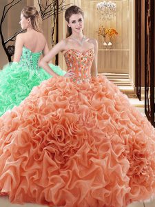 Clearance Orange Lace Up Quinceanera Dress Embroidery and Ruffles and Pick Ups Sleeveless Floor Length