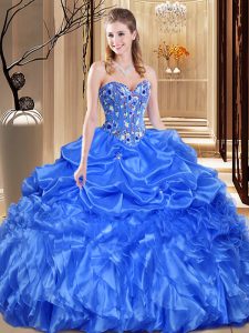 Custom Design Royal Blue Sweetheart Neckline Lace and Appliques Ball Gown Prom Dress Sleeveless Lace Up
