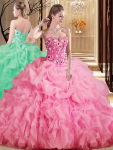 Rose Pink Lace Up Sweetheart Embroidery and Ruffles and Pick Ups 15 Quinceanera Dress Organza Sleeveless Brush Train