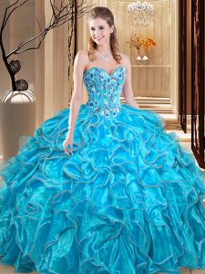 Luxury Teal Lace Up Quinceanera Gown Embroidery and Ruffles Sleeveless Floor Length