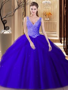 Backless Floor Length Royal Blue Quinceanera Gown Tulle Sleeveless Lace and Appliques and Pick Ups
