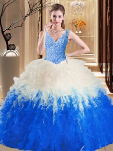 Tulle V-neck Sleeveless Zipper Lace and Appliques and Ruffles Quinceanera Dresses in Blue And White