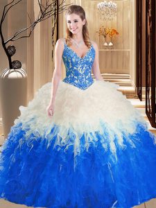 Discount Straps Floor Length Blue And White 15th Birthday Dress Tulle Sleeveless Lace and Ruffles
