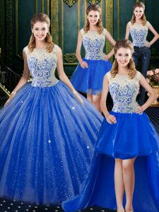 Four Piece Brush Train Ball Gowns Quinceanera Dress Royal Blue High-neck Tulle Sleeveless Floor Length Zipper