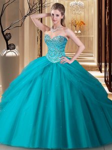 Spectacular Sweetheart Sleeveless Quinceanera Gown Floor Length Beading Teal Tulle