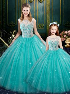 Turquoise 15th Birthday Dress Military Ball and Sweet 16 and Quinceanera and For with Lace High-neck Sleeveless Zipper