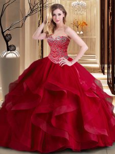 Extravagant Floor Length Wine Red Sweet 16 Dresses Tulle Sleeveless Beading and Ruffles