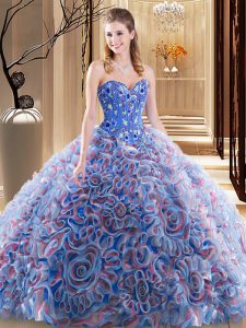Fabric With Rolling Flowers Sleeveless With Train Sweet 16 Dress Brush Train and Embroidery and Ruffles