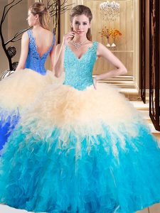 Floor Length Multi-color 15th Birthday Dress Tulle Sleeveless Appliques and Ruffles