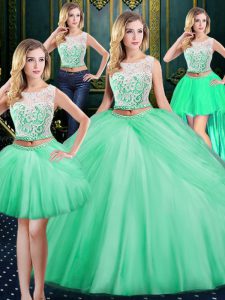 Four Piece Apple Green Scoop Neckline Lace and Pick Ups Sweet 16 Dress Sleeveless Zipper