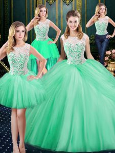 Clearance Four Piece Pick Ups Scoop Sleeveless Zipper Quinceanera Gown Apple Green Tulle