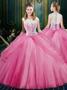 Customized Scoop Rose Pink Sleeveless Floor Length Lace and Pick Ups Zipper Quince Ball Gowns