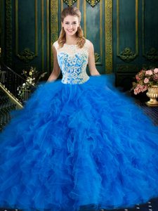 Wonderful Tulle Scoop Sleeveless Zipper Lace and Ruffles Sweet 16 Dresses in Blue
