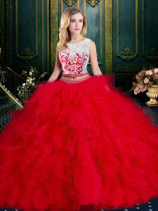 Stunning Scoop Red Sleeveless Tulle Zipper Quinceanera Gown for Military Ball and Sweet 16 and Quinceanera