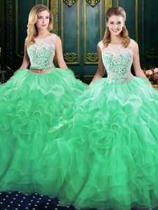 Scoop Green Lace Up Quinceanera Gown Lace and Ruffles Sleeveless Court Train