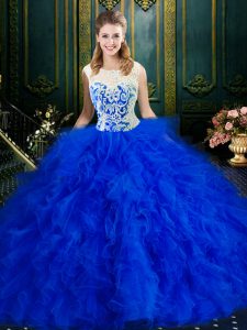 Royal Blue Ball Gowns Tulle Scoop Sleeveless Lace and Ruffles Floor Length Zipper 15th Birthday Dress