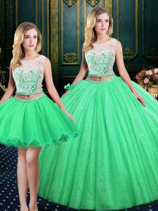 Three Piece Lace Up Scoop Lace and Sequins Sweet 16 Dresses Tulle and Sequined Sleeveless