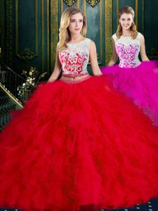Inexpensive Scoop Floor Length Red Quince Ball Gowns Tulle Sleeveless Lace and Ruffles